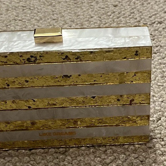 Gold and White Striped Clutch w/Gold Crossbody Chain Strap from Like Dreams - Picture 4 of 16